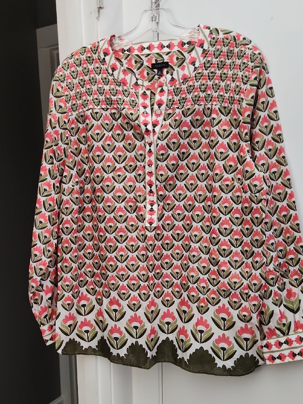 Talbots Pink and Olive Floral Split-Neck Tunic